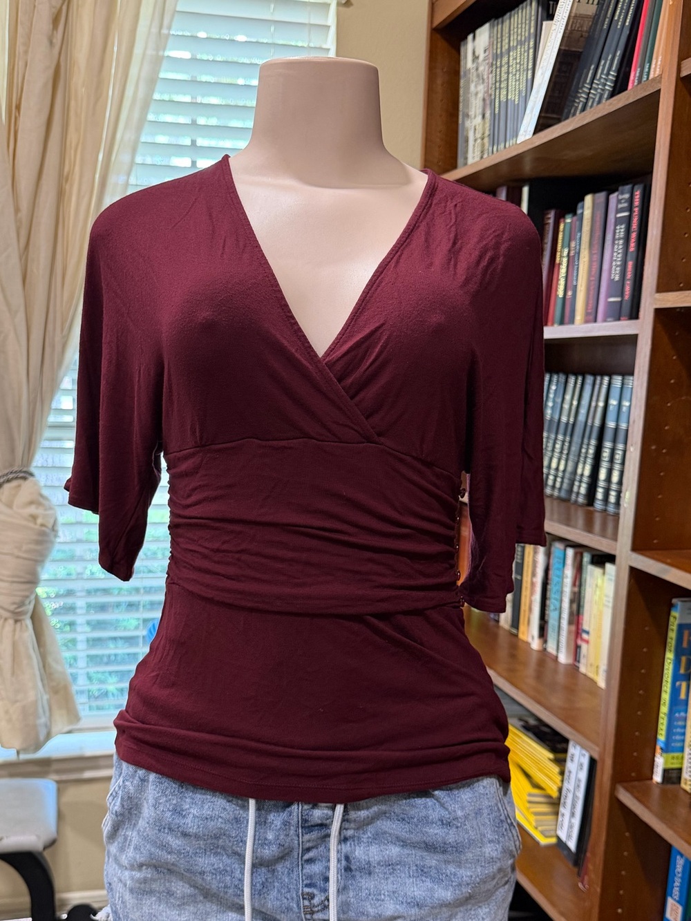 Ann Taylor Wrap-Front V-Neck Tunic in Burgundy